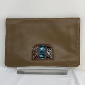 Vintage Large Taupe Brown Leather Envelope Clutch